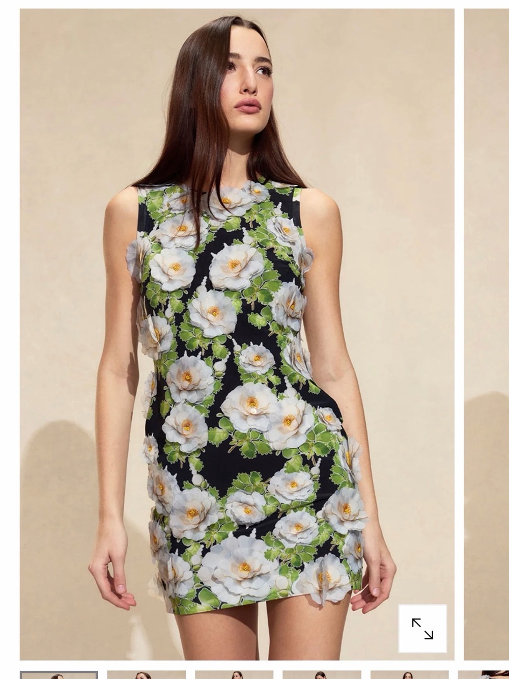 Cynthia Rowley Black Mini Dress with White Floral Print and Green Leaves
